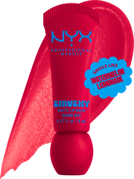 Różowy NYX Smushy Matte Lip Balm o zapachu arbuzowej lemoniady na smudze produktu, widok z przodu.