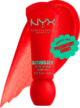 NYX Smushy Matte Lip Balm czerwony, w tubie, zapach Passionfruit Sorbet, na tle intensywnej smugi koloru.