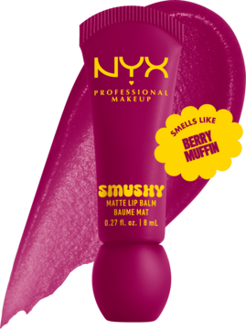 NYX Smushy Matte Lip Balm, matowy balsam w tubce magenta, z dymkiem 'Berry Muffin' i smugą koloru.