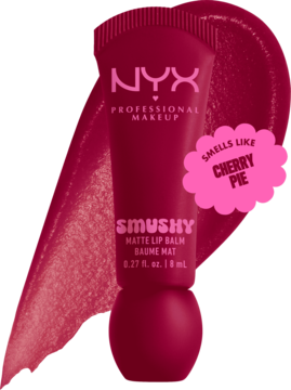Matowy balsam NYX Smushy Matte Lip Balm w ciemnoczerwonej tubce z hasłem 'Smells like Cherry Pie' i swatche.
