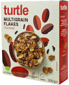 Ekologiczne płatki Turtle Multigrain Flakes Chocolate 300g, bezglutenowe, front opakowania z miską.