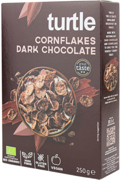 Płatki Turtle Cornflakes Dark Chocolate 250g, ciemne pudełko z miską, ekologiczne, bezglutenowe, widok z przodu.