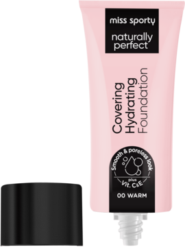 Miss Sporty Naturally Perfect Covering Hydrating Foundation 00 Warm w różowej tubce, widok z przodu, czarna nakrętka.