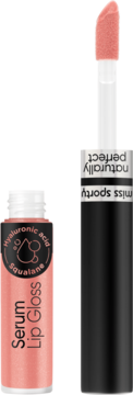 Otwarty Miss Sporty Naturally Perfect Lip Serum, błyszczyk-serum w kolorze nude z aplikatorem, zawiera kwas hialuronowy.