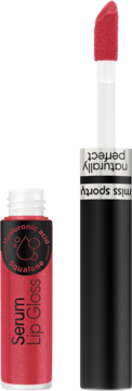 Miss Sporty Naturally Perfect Lip Serum, błyszczyk-serum z kwasem hialuronowym, aplikator obok tubki.