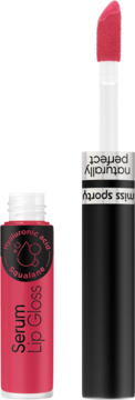 Różowy błyszczyk-serum Miss Sporty Naturally Perfect z otwartą tubką, aplikatorem i składnikami hialuronowy/skwalan.