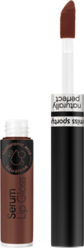 Błyszczyk-serum Miss Sporty Naturally Perfect z kwasem hialuronowym i skwalanem, brązowy, otwarty z aplikatorem.