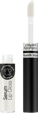 Błyszczyk-serum Miss Sporty Naturally Perfect z kwasem hialuronowym, otwarty, z wysuniętym aplikatorem.