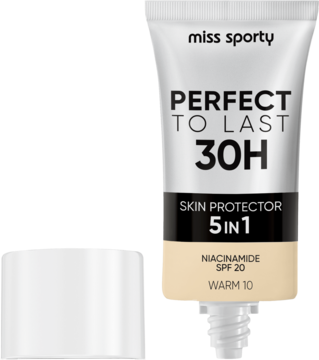 Miss Sporty Perfect to Last 30H 5in1 matujący podkład Warm 10, biała tubka z nakrętką obok, widok z przodu.
