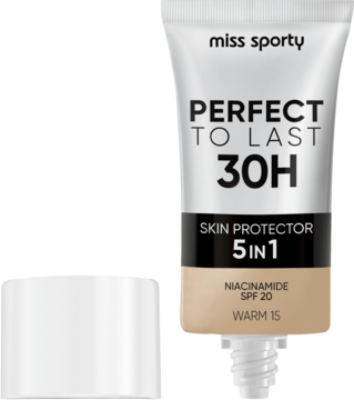 Miss Sporty Perfect to Last 30H 5in1 matujący podkład Warm 15 w beżowej tubce, obok zdjęta biała nakrętka, widoczna pompka.