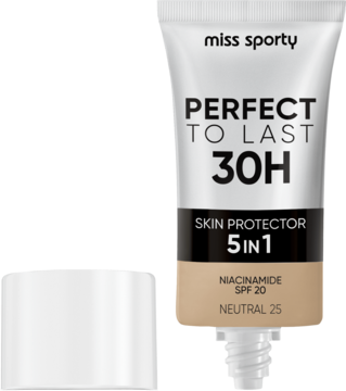 Miss Sporty Perfect to Last 30H matujący podkład Neutral 25 z niacynamidem, beżowa tubka, widoczny dozownik.