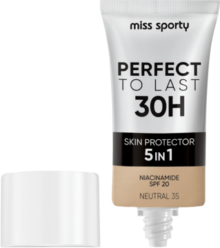 Miss Sporty Perfect to Last 30H matujący podkład 5w1, beżowo-biała tubka z odkręconą zakrętką.