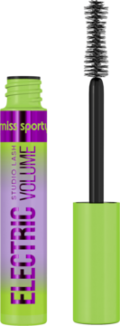 Pogrubiający tusz Miss Sporty Studio Lash Electric Volume: neon zielony, fioletowa etykieta, czarna szczoteczka klepsydra.
