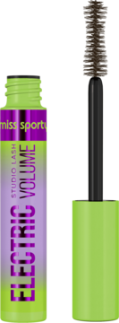 Tusz do rzęs Miss Sporty Studio Lash Electric Volume, neonowo zielony, z fioletową etykietą i brązową szczoteczką.