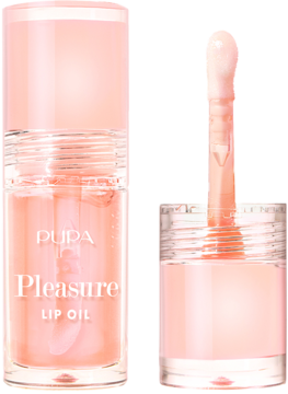 Pupa Pleasure Lip Oil w przezroczystej butelce z peachy różowym płynem i wyjętym aplikatorem.