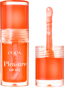 PUPA Pleasure Lip Oil, pomarańczowy olejek do ust. Dwie części: butelka zamknięta i otwarta z aplikatorem.