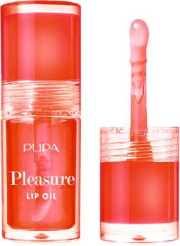 Luksusowy PUPA Pleasure LIP OIL, czerwony nawilżający olejek do ust, otwarta butelka z aplikatorem.