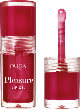 PUPA Pleasure luksusowy olejek do ust, różowa buteleczka i aplikator, widok z przodu, otwarty i zamknięty.