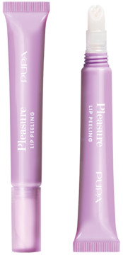 Pupa Pleasure Lip Peeling, dwie lawendowe tubki, jedna otwarta z aplikatorem. Peeling do ust z borówką.