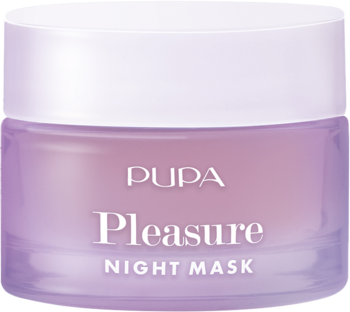 PUPA Pleasure Night Mask, odżywcza maska do ust w fioletowym słoiczku z białym wieczkiem, widok z przodu.