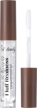 Lovely Fluff Realness transparent brow gel, clear tube with brown cap, opened, with white spoolie brush applicator.