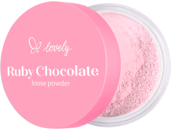 Różowy puder sypki Lovely Ruby Chocolate w otwartym, okrągłym opakowaniu, widok z góry na drobny proszek.