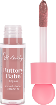 Nawilżający błyszczyk Lovely Buttery Babe nude z masłem awokado i olejem kokosowym, butelka z aplikatorem.