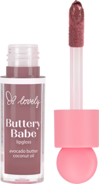 Lovely Buttery Babe lipgloss w jasnobrązowym odcieniu, z aplikatorem. Przezroczysta tubka, różowa zakrętka. Wzbogacony masłem awokado i kokosowym.