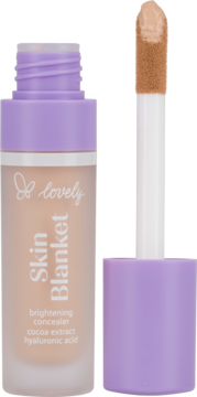 Lovely Skin Blanket, rozjaśniający korektor z aplikatorem, kakao, kwas hialuronowy, beżowa butelka, fioletowa nakrętka.
