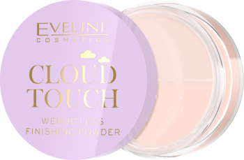 Eveline Cloud Touch puder utrwalający w okrągłej lawendowej puderniczce, z widocznym beżowym pudrem, widok z góry.