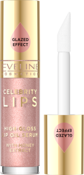 Eveline Celebrity Lips Lip Oil Serum Like Magic, różowy z brokatem, Glazed Effect, z aplikatorem obok, widok z przodu.