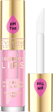 Eveline Celebrity Lips High Gloss Lip Oil Serum pH Tint, różowy płyn, butelka ze złotą nakrętką, aplikator.