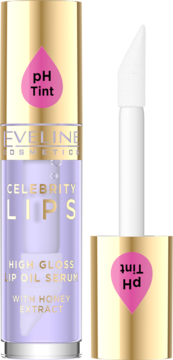 Eveline Celebrity Lips pH Tint Lip Oil Serum, otwarta butelka, złota nakrętka, fioletowy płyn, aplikator obok.