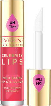 Eveline Celebrity Lips pH Tint Lip Oil Serum, różowy, z miodem, z aplikatorem obok.
