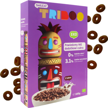 Fioletowe pudełko Smileat Triboo, ekologiczne kółeczka zbożowe z kakao, 0% cukru, z totemicznymi postaciami.