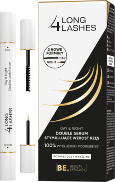 Long 4 Lashes Day & Night Double Lash Serum, opakowanie czarno-białe i dwa aplikatory do stymulacji rzęs.