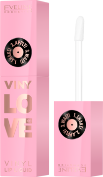 Eveline Vinylove Pinky Vinyl Lip Liquid: różowe pudełko i otwarty błyszczyk z aplikatorem.