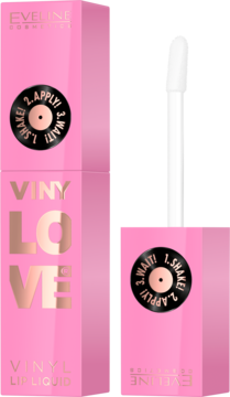 Eveline Vinylove Lip Liquid w różowym opakowaniu ze złotymi napisami i grafiką płyty, obok biały aplikator.
