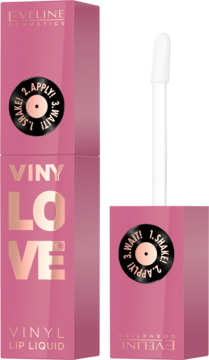 Front różowego opakowania Eveline Vinylove Vinyl Lip Liquid z widoczną pomadką i aplikatorem. Instrukcja: SHAKE! WAIT! APPLY!