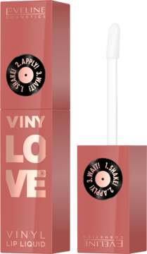 Eveline Vinylove lip liquid w peachy-różowym opakowaniu i obok, z instrukcją 'Shake, Apply, Wait'.