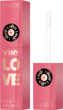 Różowa pomadka winylowa Eveline Vinylove Lip Liquid Rosy, z aplikatorem i instrukcją użycia.