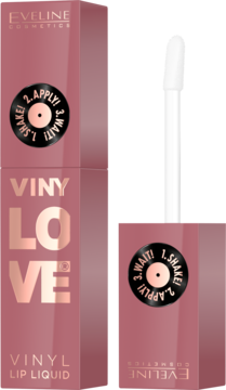 Eveline Vinylove Vinyl Lip Liquid w podłużnym, pudrowo-różowym opakowaniu z różowo-złotymi napisami VINYLOVE i aplikatorem obok.