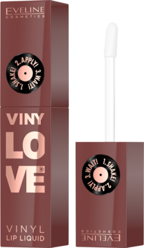 Eveline Vinylove Vinyl Lip Liquid w brązowo-czerwonym opakowaniu z aplikatorem. Widoczne instrukcje użytkowania.