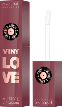 Bordowe pudełko Eveline VINYL LOVE Lip Liquid z rose-gold tekstem, instrukcją i białym aplikatorem.