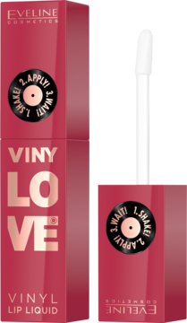 Eveline Vinylove Vinyl Lip Liquid, czerwona pomadka z aplikatorem i błyszczącym opakowaniem z grafiką winylową.