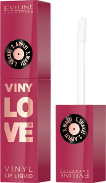 Eveline Vinylove Vinyl Lip Liquid, różowo-złote opakowanie z instrukcją, obok biała tubka. Widok z przodu.