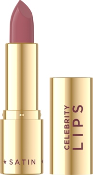 Otwarta szminka Eveline Celebrity Lips Satin w złotej oprawie, odcień Heat, z wysuniętym różowym satynowym sztyftem.