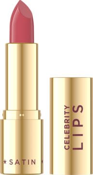 Eveline Celebrity Lips satynowa pomadka w odcieniu Muse, złota obudowa, wysunięty sztyft, obok nakrętka.