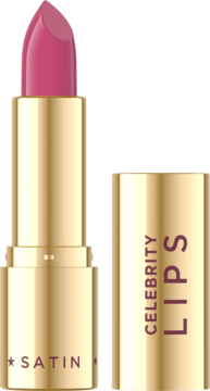 Otwarta pomadka Eveline Celebrity Lips Mauve, złota oprawa z napisem SATIN, obok widoczna zakrętka z CELEBRITY LIPS.