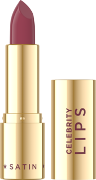 Złota pomadka satynowa Eveline Celebrity Lips Glimmer, sztyft i próbka koloru jagodowego różu na jasnym tle.